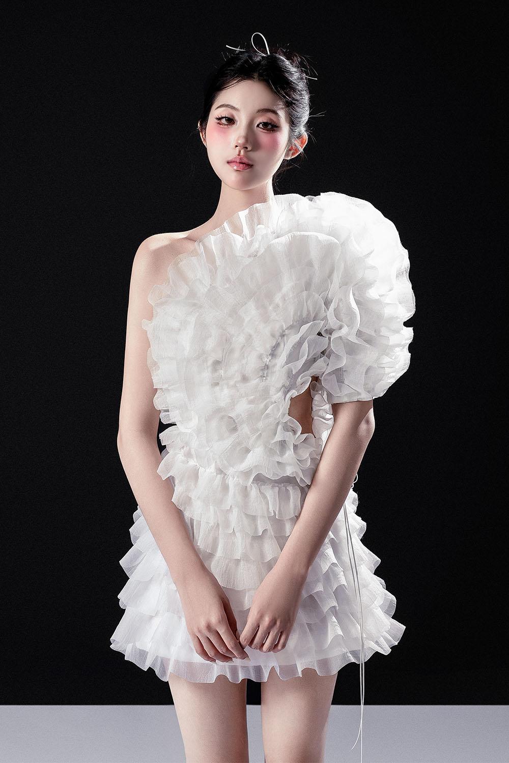 ruffle layered mini dress Women's Rose A-line Ruffle Layer Organza Mini Dress XS/S/M/L/Customize White MEAN BLVD White / Customize