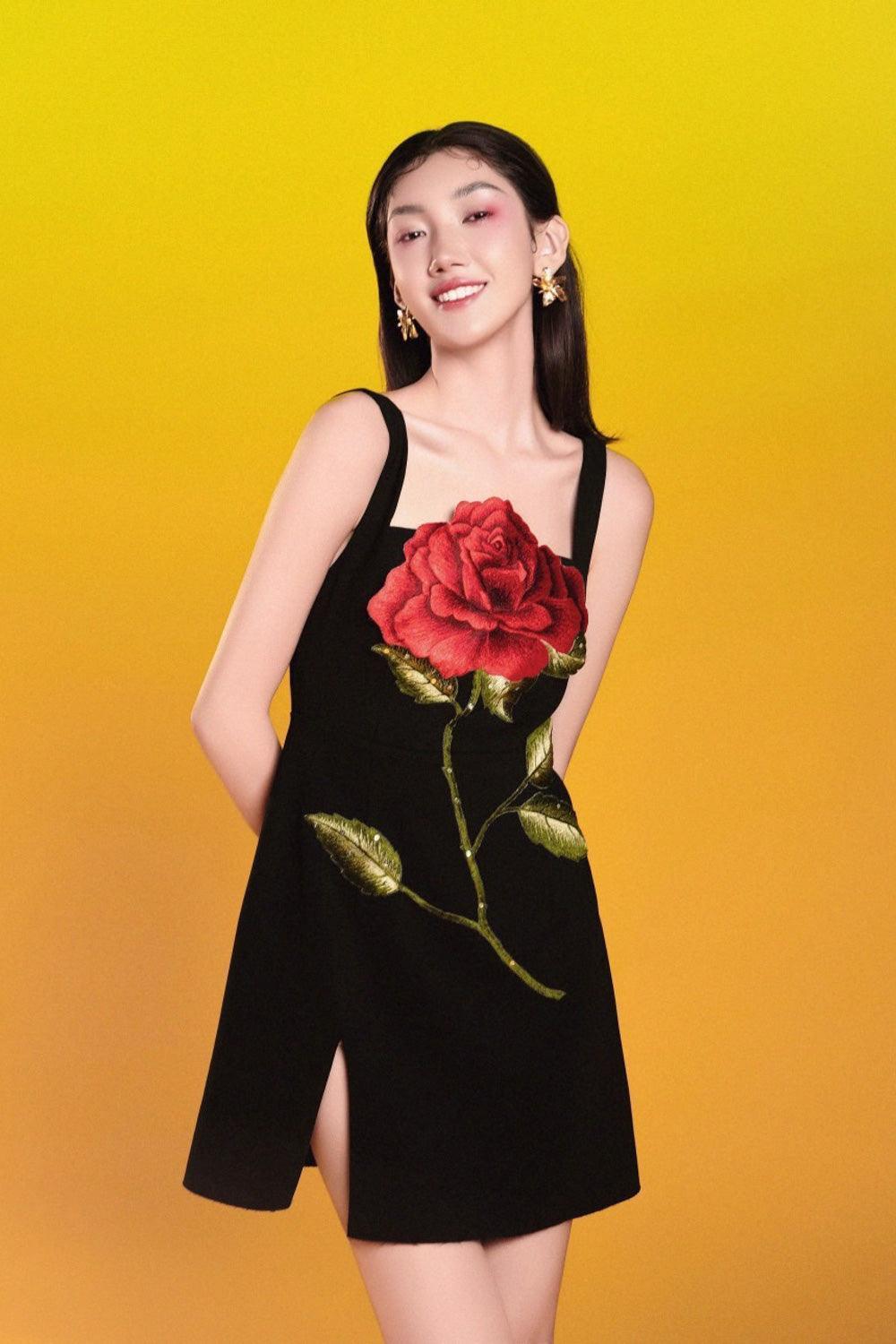 Women's Rose A-line Side Slit Taffeta Mini Dress S/M/L Black/White MEAN BLVD