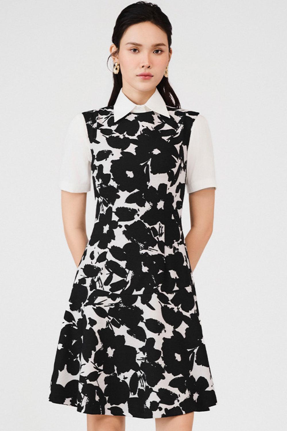knee length dresses for ladies Women's Rosemary Drop Waist Round Neck Poly Silk Mini Dress XS/S/M/L/Customize Black Floral Mean Blvd M / Black / Floral