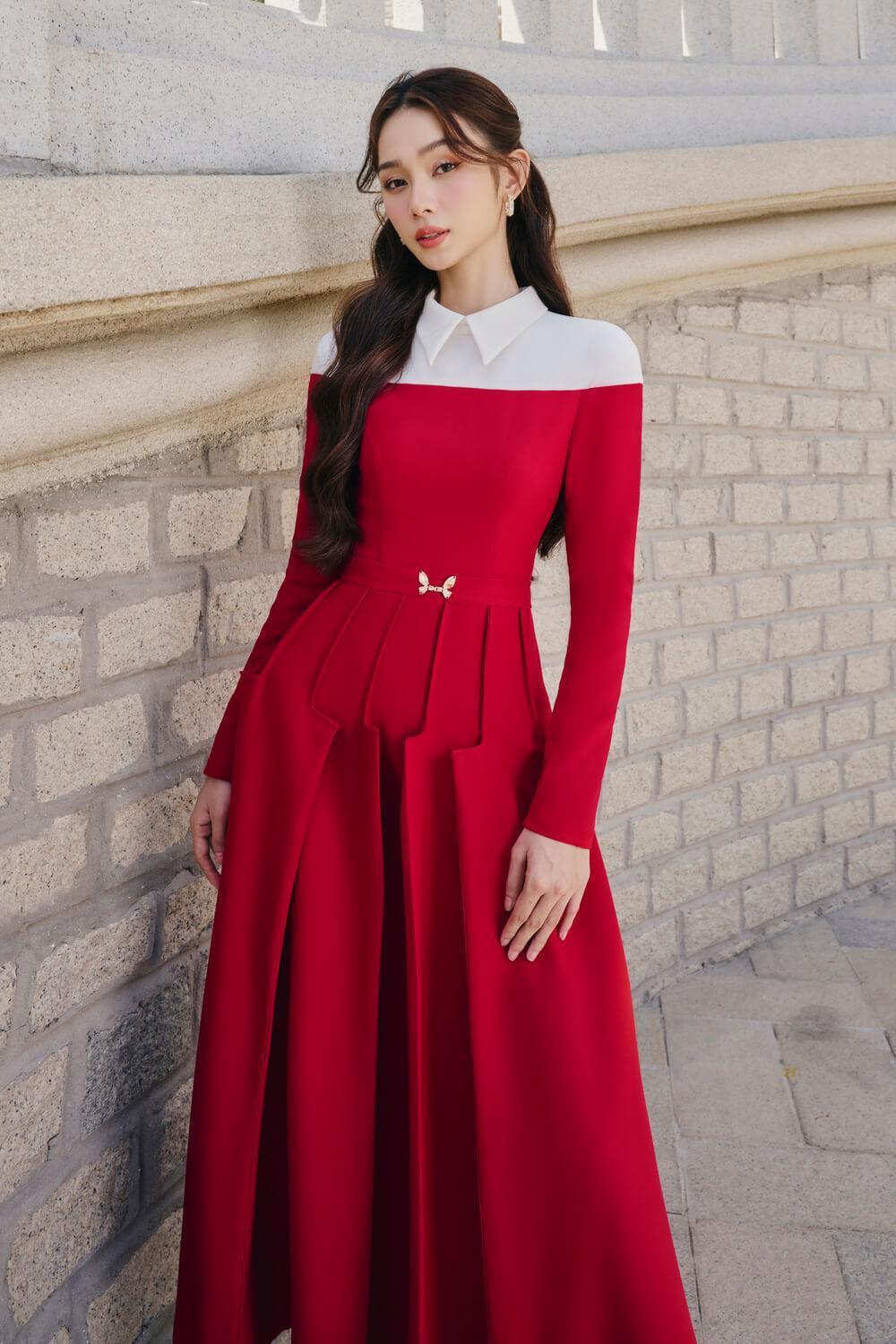 Women's Rossa A-line Collared Neck Cotton Polyester Midi Dress S/M/L Red MEAN BLVD S / Red Women's Rossa A-line Collared Neck Cotton Polyester Midi Dress S/M/L Red MEAN BLVD S / Red