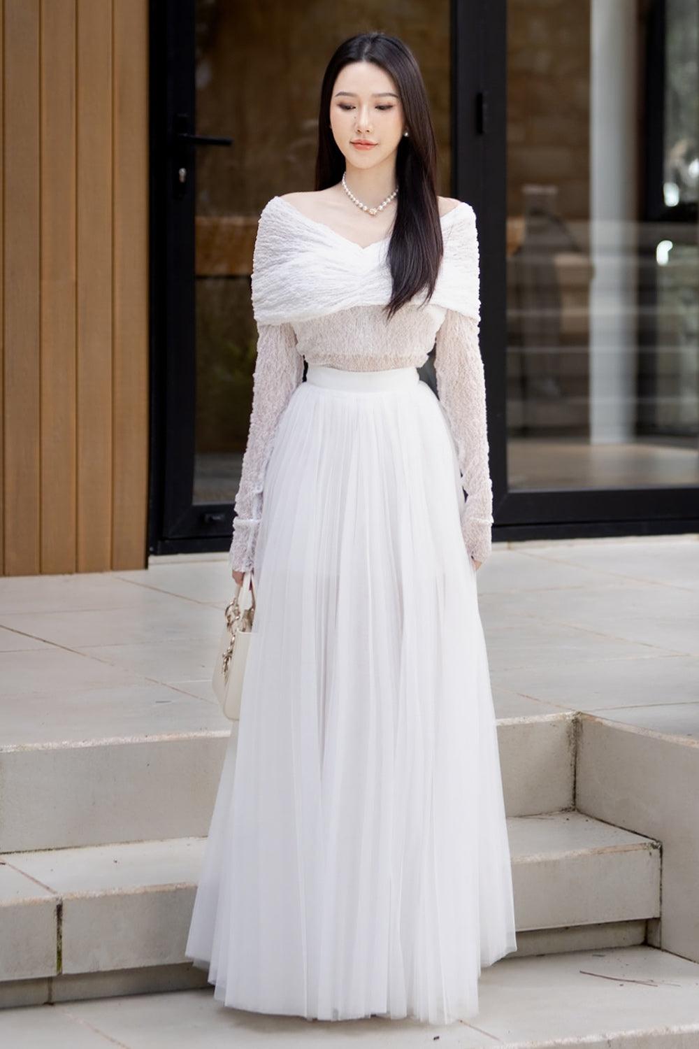 white off the shoulder mesh dress Miss Circle Women Quenby White Off Shoulder Mesh Maxi Dress