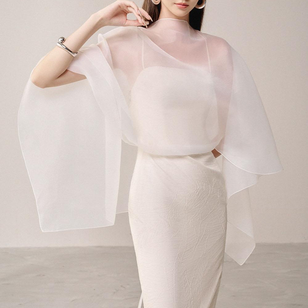 Rusian Sheath Cape Shoulder Organza Cotton Ankle Length Dress - MEAN BLVD