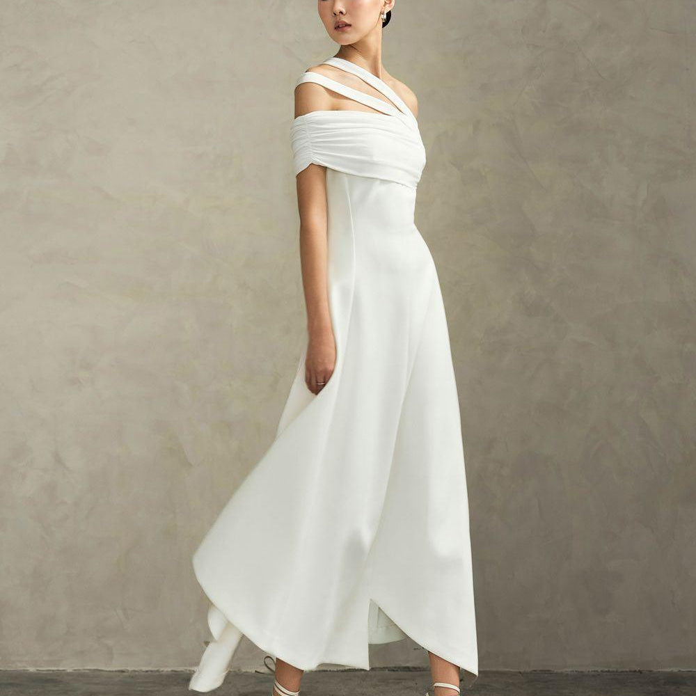 Saffira Asymmetric Off-Shoulder Spandex Ankle Length Dress - MEAN BLVD
