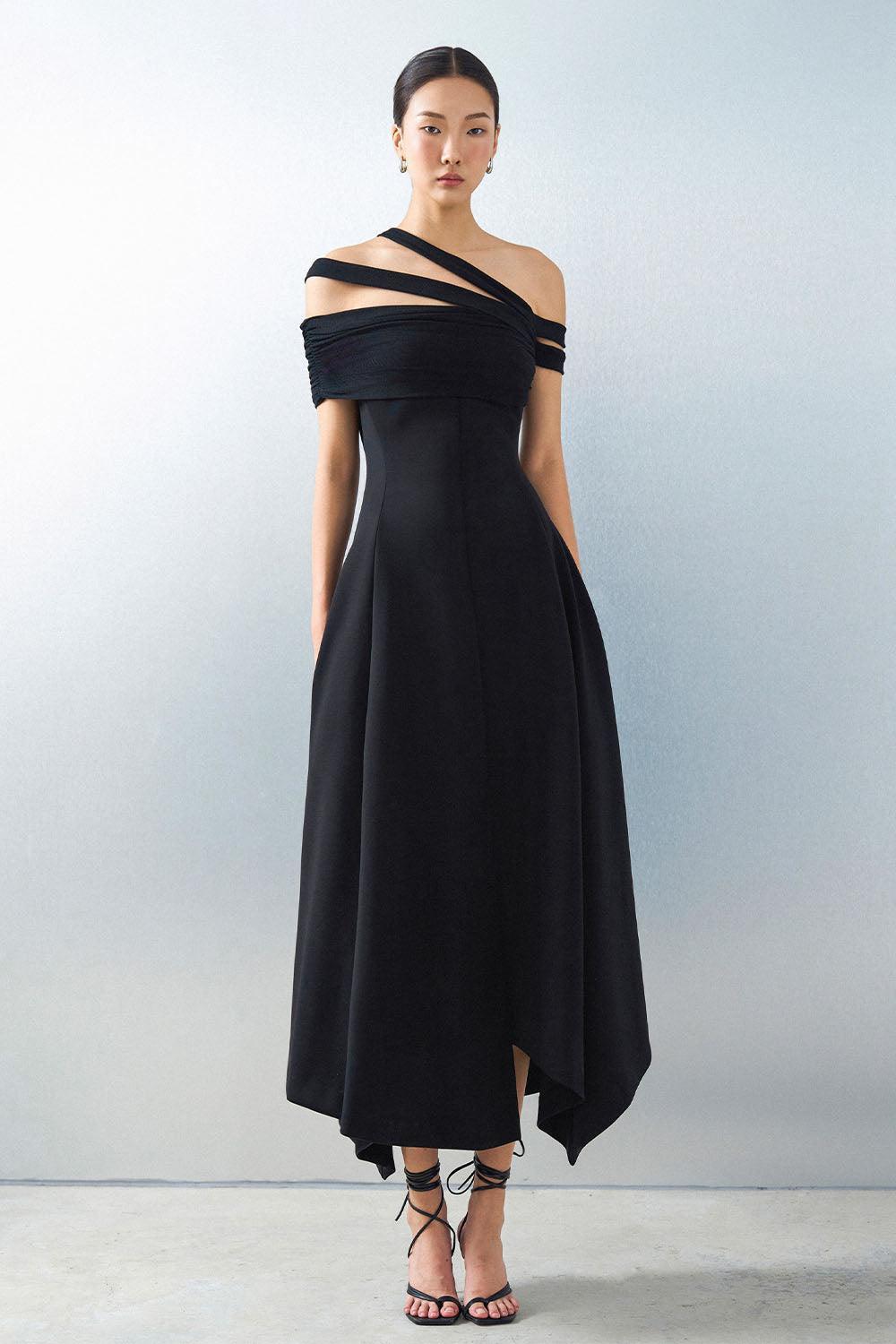 Women's Saffira Asymmetric Off-Shoulder Spandex Ankle Length Dress S/M/L/XL White/Black MEAN BLVD, White / S Women's Saffira Asymmetric Off-Shoulder Spandex Ankle Length Dress S/M/L/XL White/Black MEAN BLVD, White / S