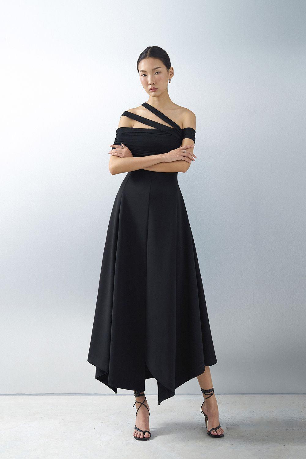 Women's Saffira Asymmetric Off-Shoulder Spandex Ankle Length Dress S/M/L/XL  White/Black MEAN BLVD
