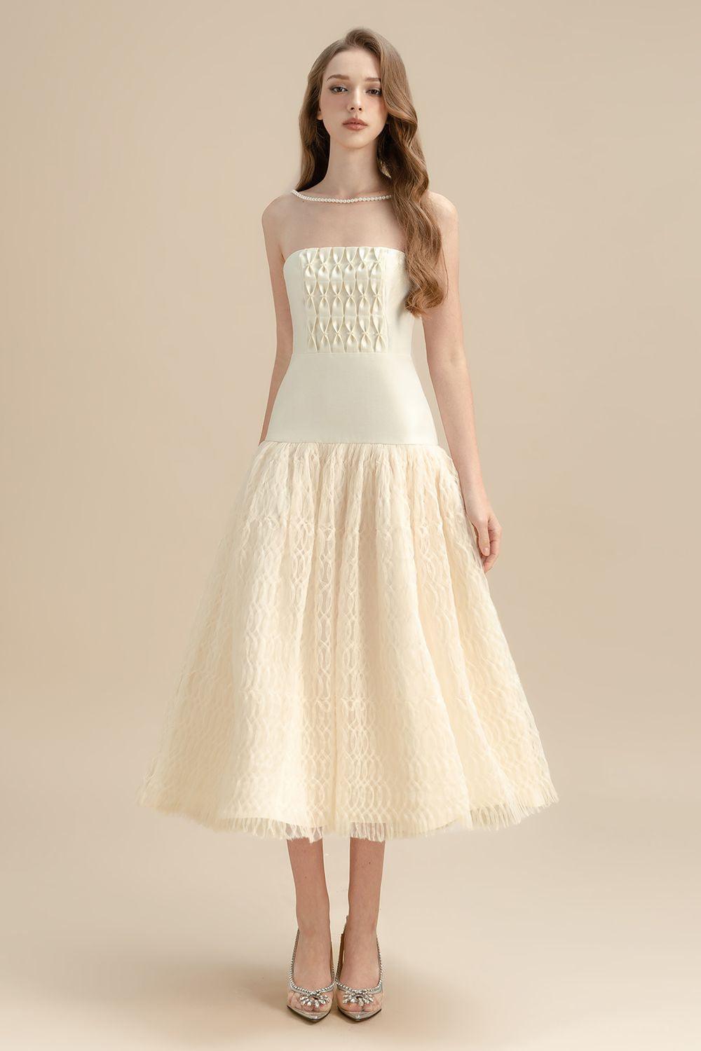 Saffron Drop Waist Straight Across Neck Lace Midi Dress - MEAN BLVD