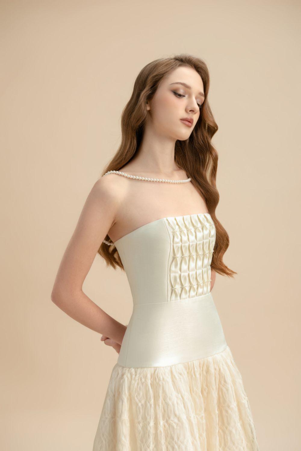 Saffron Drop Waist Straight Across Neck Lace Midi Dress - MEAN BLVD