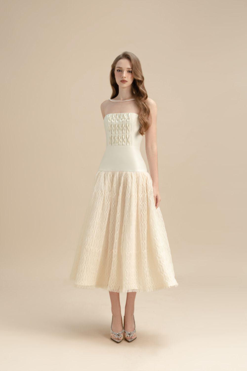 Women's Saffron Drop Waist Straight Across Neck Lace Midi Dress XS/S/M/L/XL Vanilla MEAN BLVD Vanilla / L Women's Saffron Drop Waist Straight Across Neck Lace Midi Dress XS/S/M/L/XL Vanilla MEAN BLVD Vanilla / L