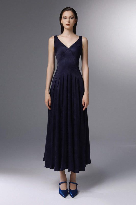 Sail Away Pleated V-Neck Silk Ankle Length Dress - MEAN BLVD