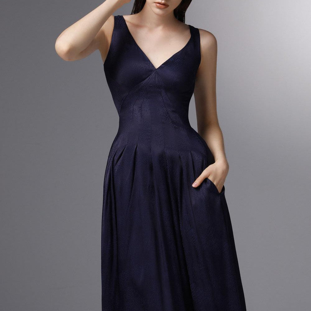 Sail Away Pleated V-Neck Silk Ankle Length Dress - MEAN BLVD