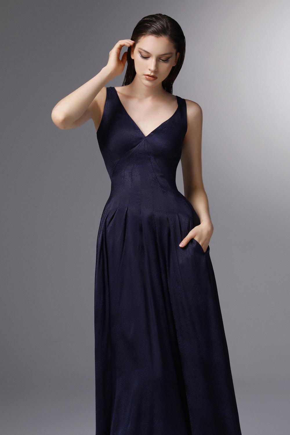 Sail Away Pleated V-Neck Silk Ankle Length Dress - MEAN BLVD