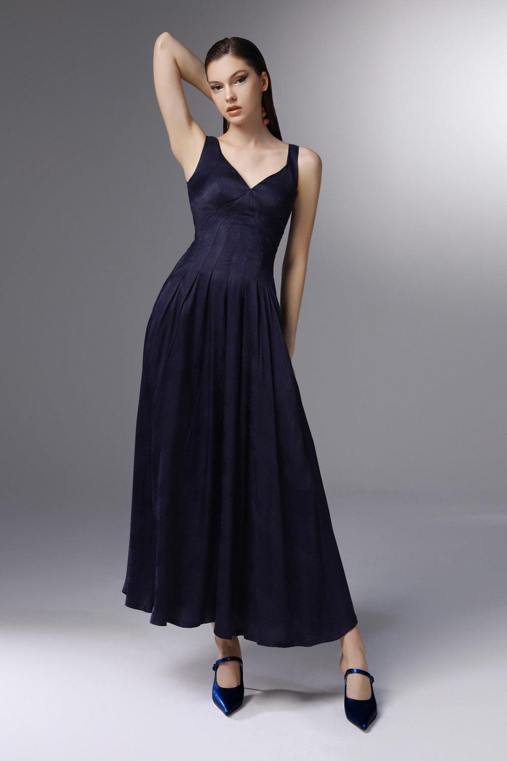Sail Away Pleated V-Neck Silk Ankle Length Dress - MEAN BLVD