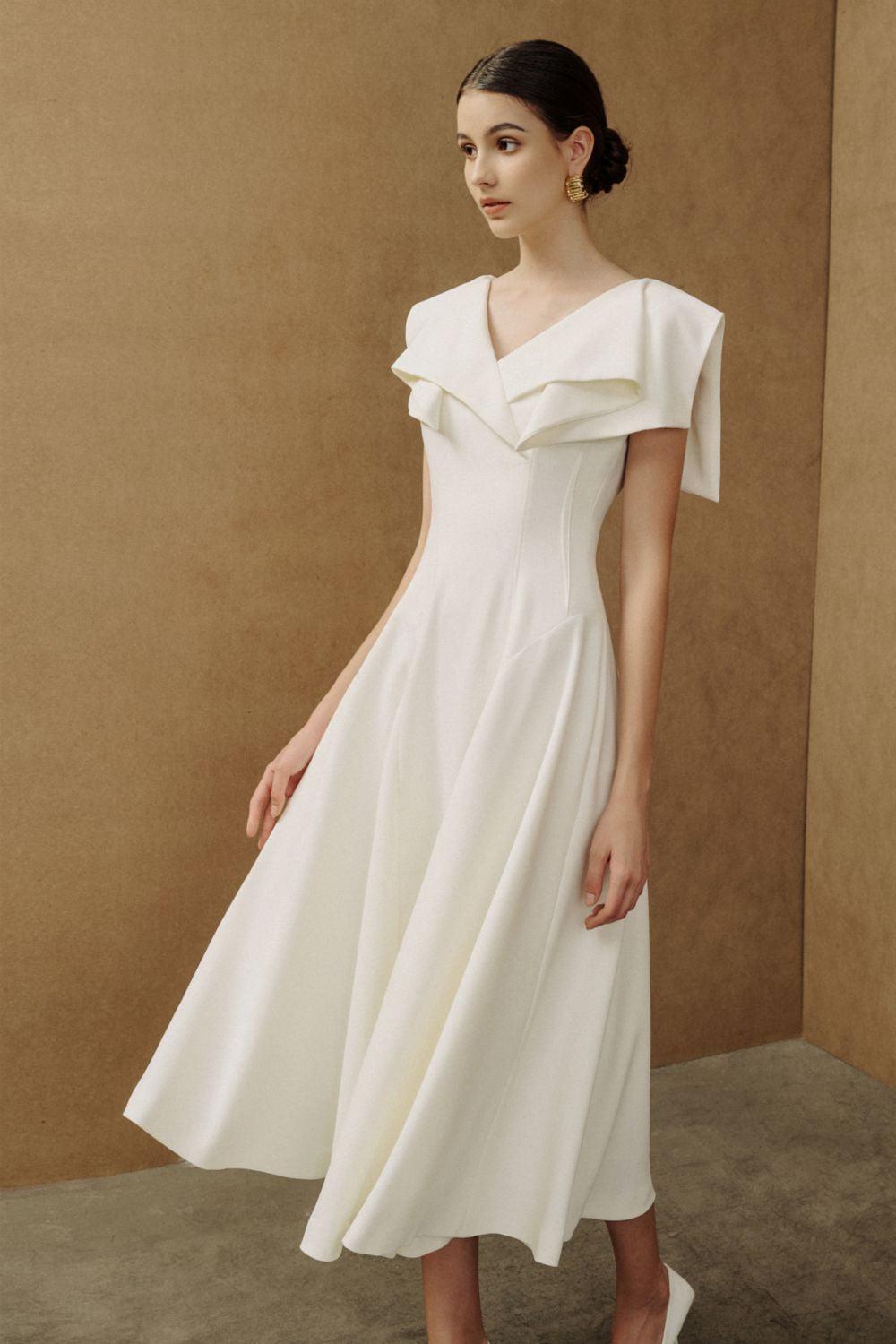 Women's Sailor A-line Cap Sleeved Ribbed Cotton Midi Dress S/M/L/XL