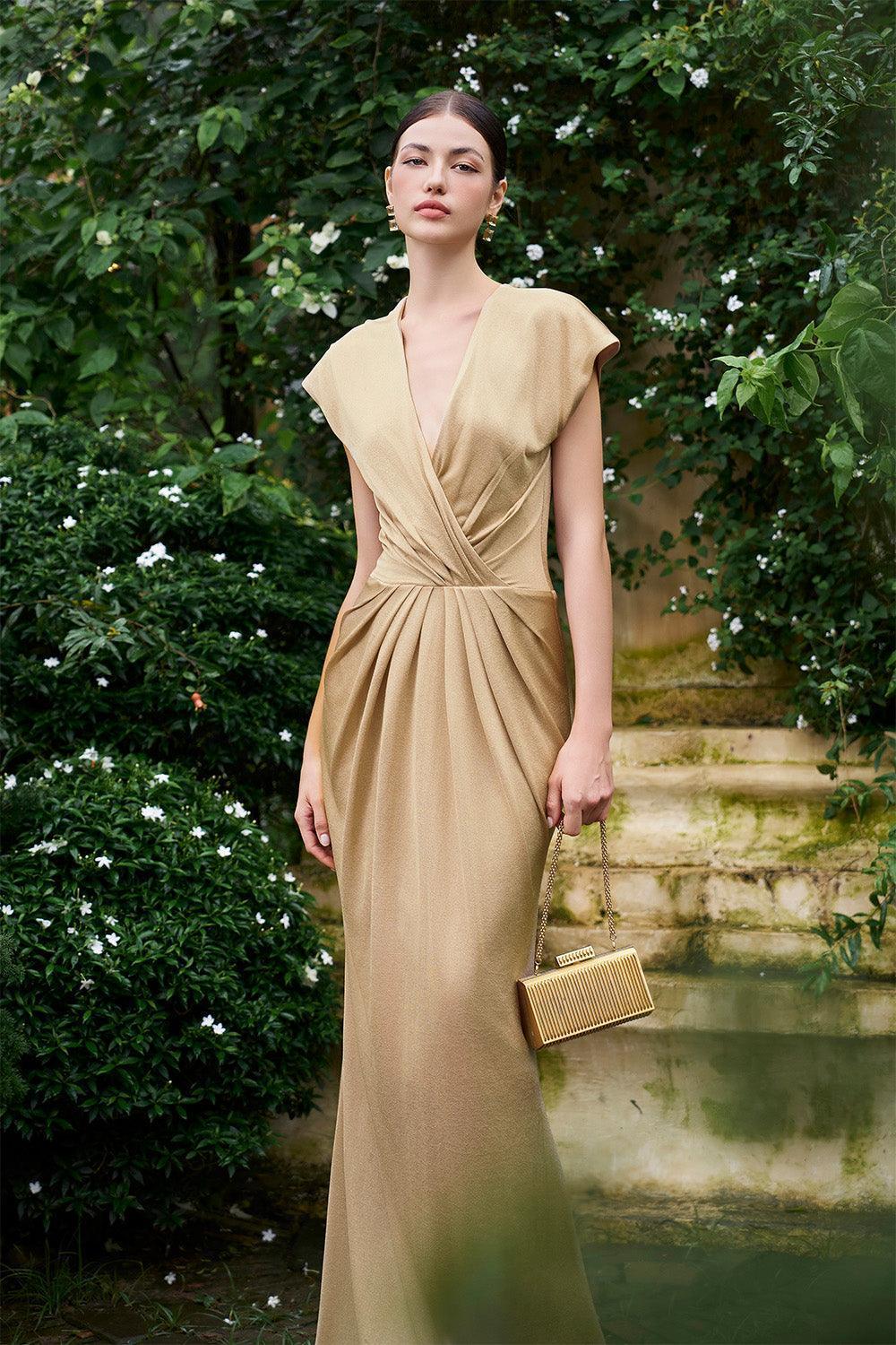 Women's Salinas Sheath Crossover Jersey Floor Length Dress XS/S/M/L/XL/XXL/Customize Beige MEAN BLVD, Beige / XS