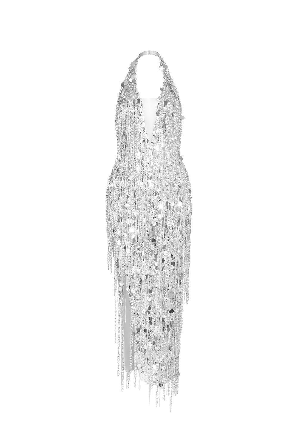 Saoirse Halter Asymmetric Mesh Sequin Ankle Length Dress - MEAN BLVD