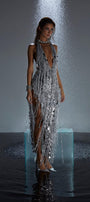 Saoirse Halter Asymmetric Mesh Sequin Ankle Length Dress - MEAN BLVD