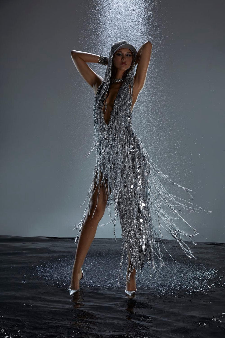 Saoirse Halter Asymmetric Mesh Sequin Ankle Length Dress - MEAN BLVD