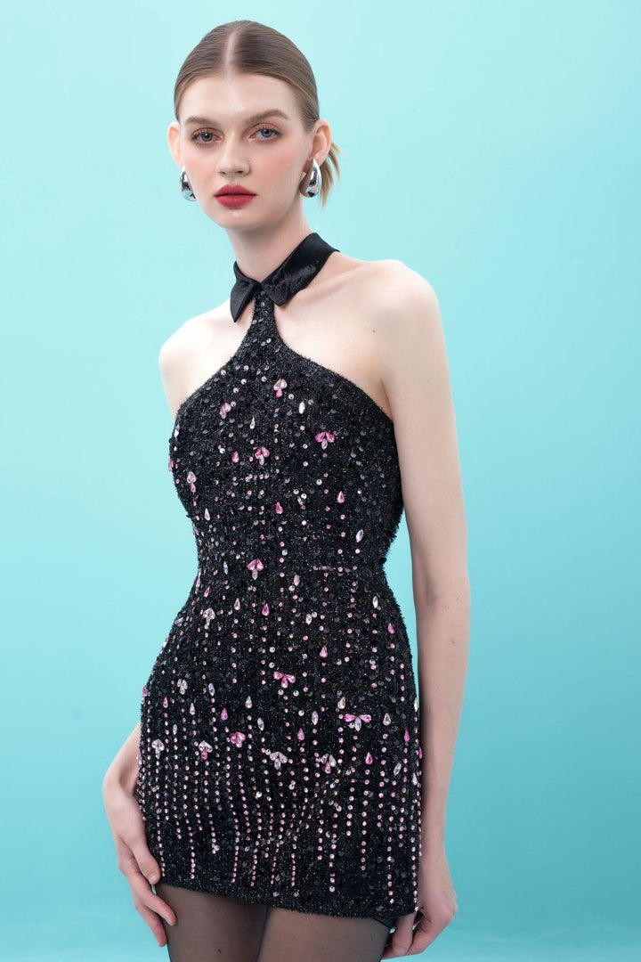 Saoirse Halter Collared Neck Sequin Mini Dress - MEAN BLVD