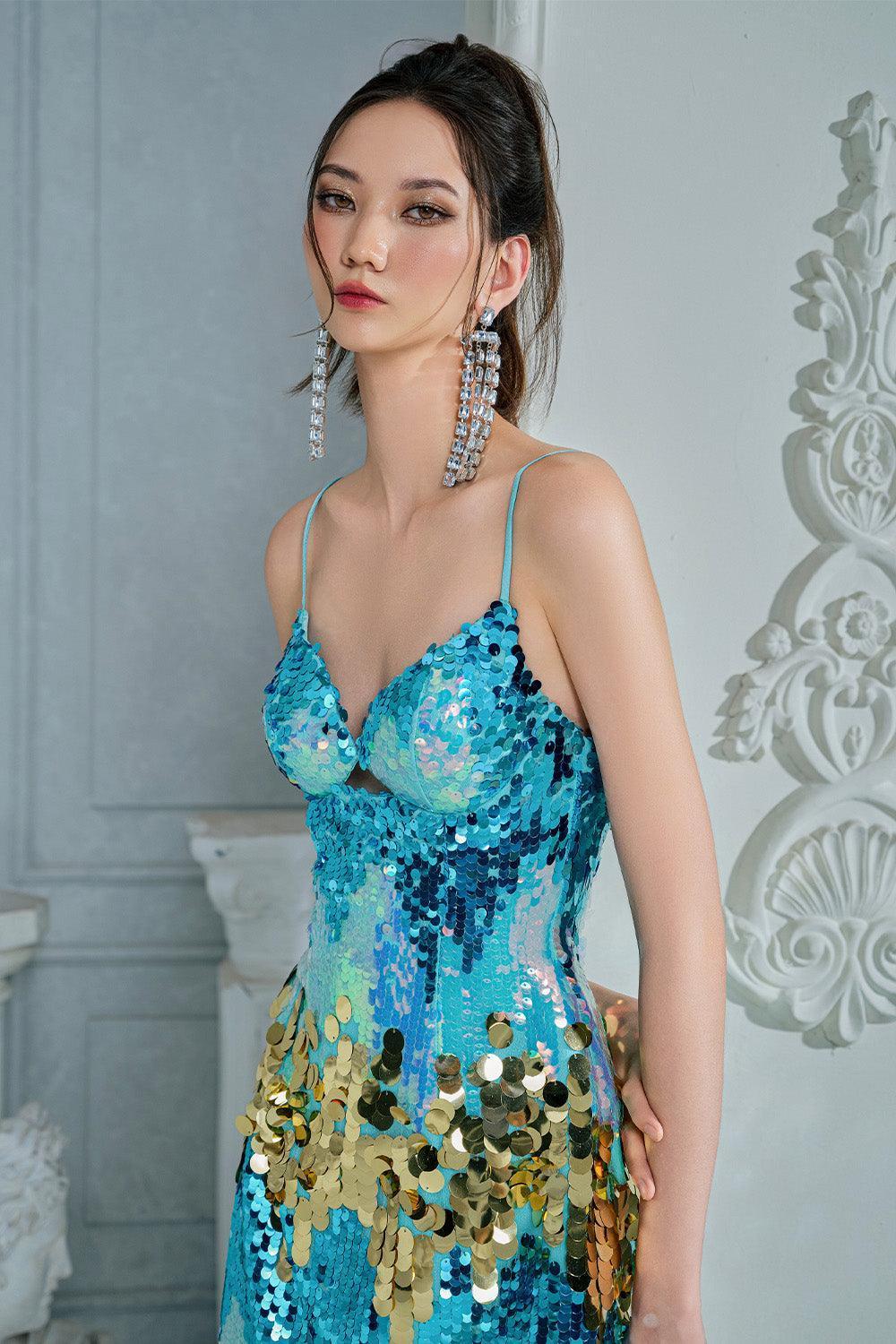 Women's Saphire A-line Sleeveless Sequin Mini Dress S/M/L Sky Blue/Royal Blue MEAN BLVD Sky Blue / S Women's Saphire A-line Sleeveless Sequin Mini Dress S/M/L Sky Blue/Royal Blue MEAN BLVD Sky Blue / S