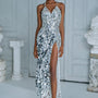 Saphire Slit Halter Neck Sequin Ankle Length Dress - MEAN BLVD