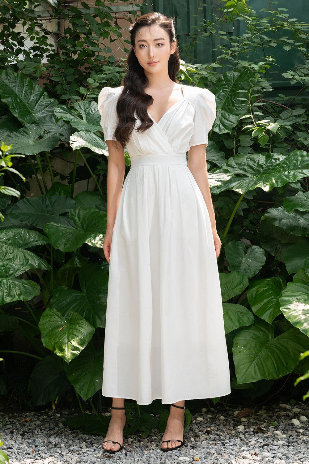 Sarai A-line Puffy Sleeved Silk Midi Dress - MEAN BLVD