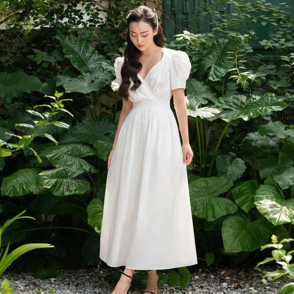 Sarai A-line Puffy Sleeved Silk Midi Dress - MEAN BLVD