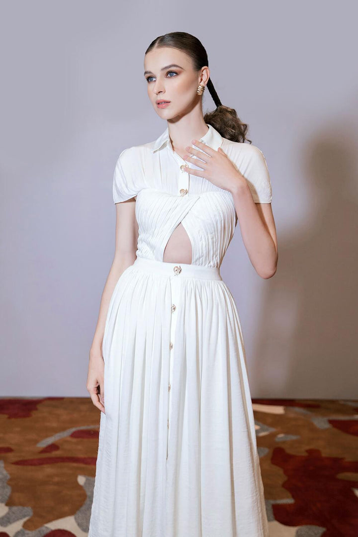 Savannah Pleated Cut-Out Linen Midi Dress - MEAN BLVD