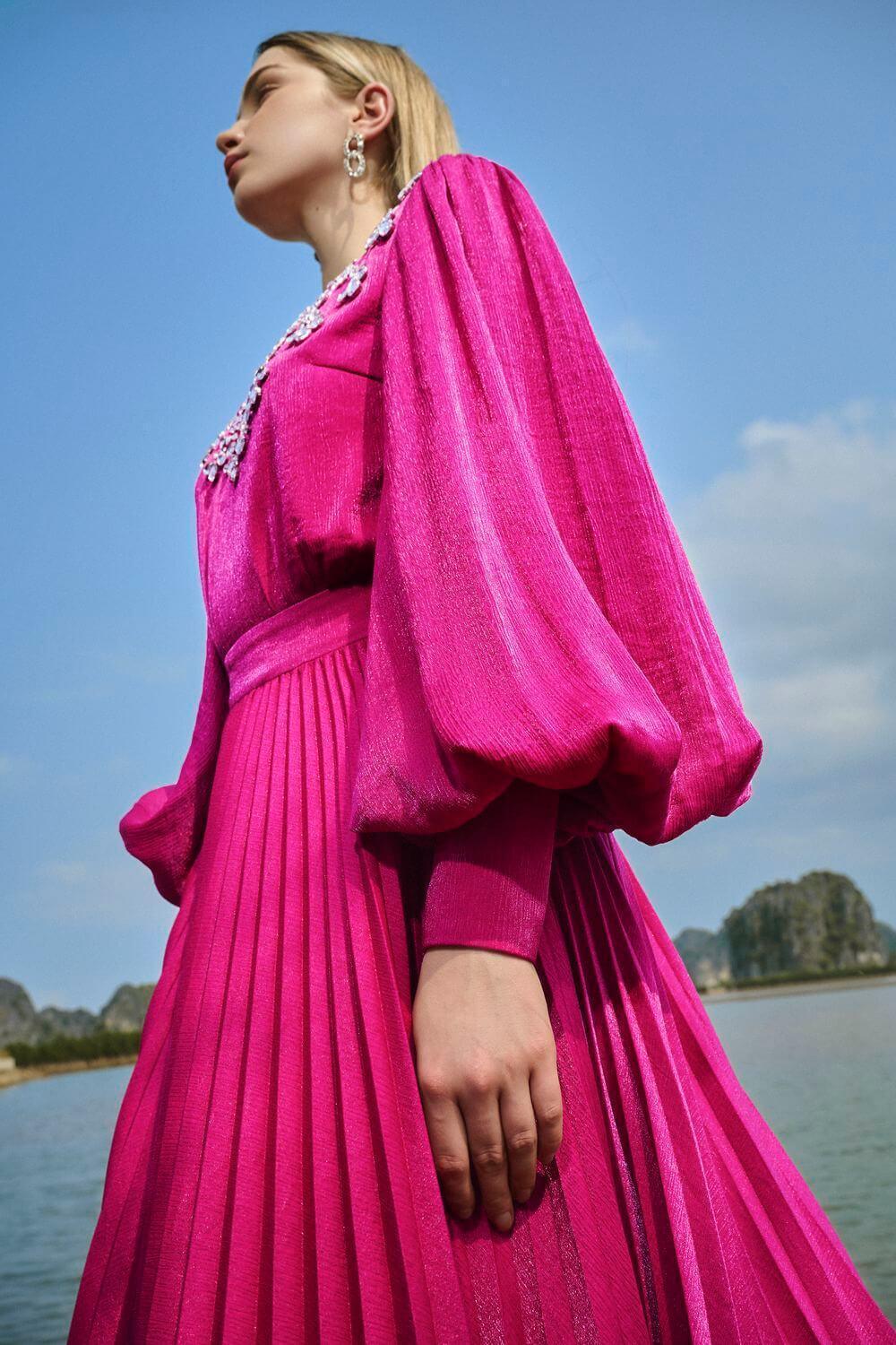 Women's Scarlet Pleated Bishop Sleeved Silk Maxi Dress XS/S/M/L/XL/XXL//Pink/MEAN Blvd M / Pink