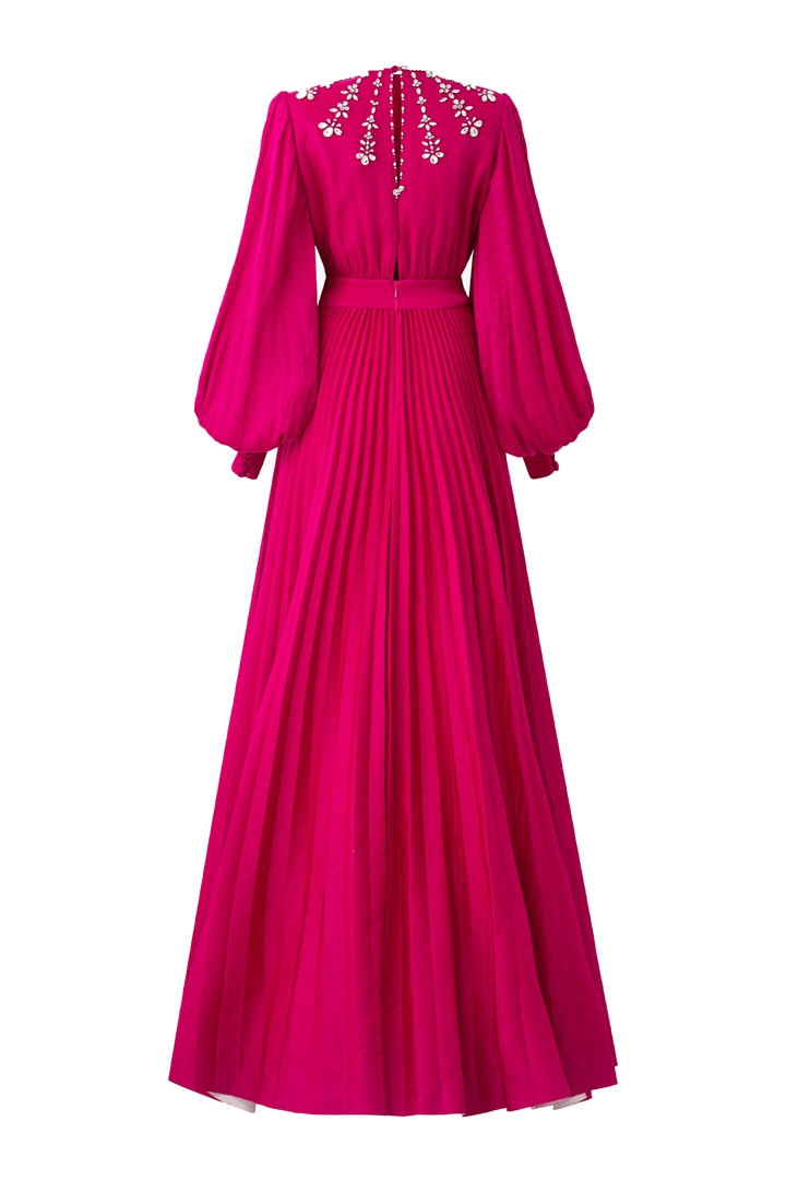 Scarlet Pleated Bishop Sleeved Silk Maxi Dress - MEAN BLVD