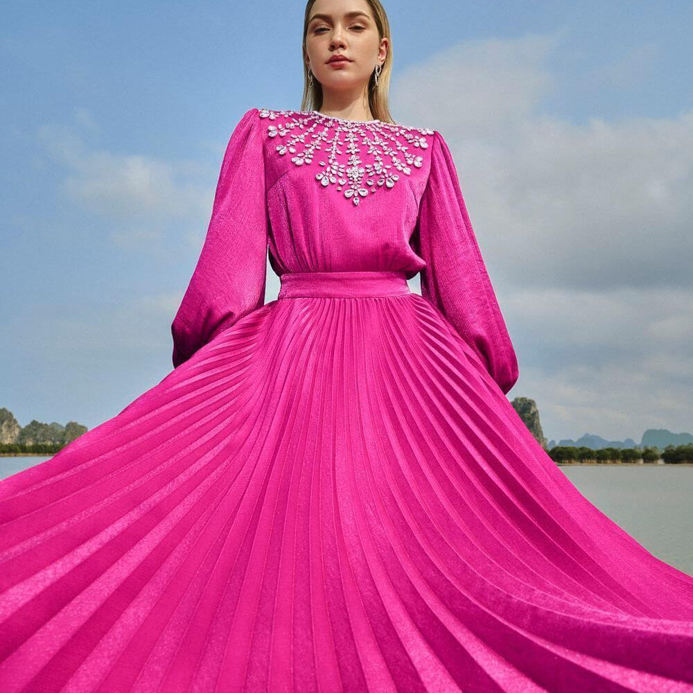 Scarlet Pleated Bishop Sleeved Silk Maxi Dress - MEAN BLVD