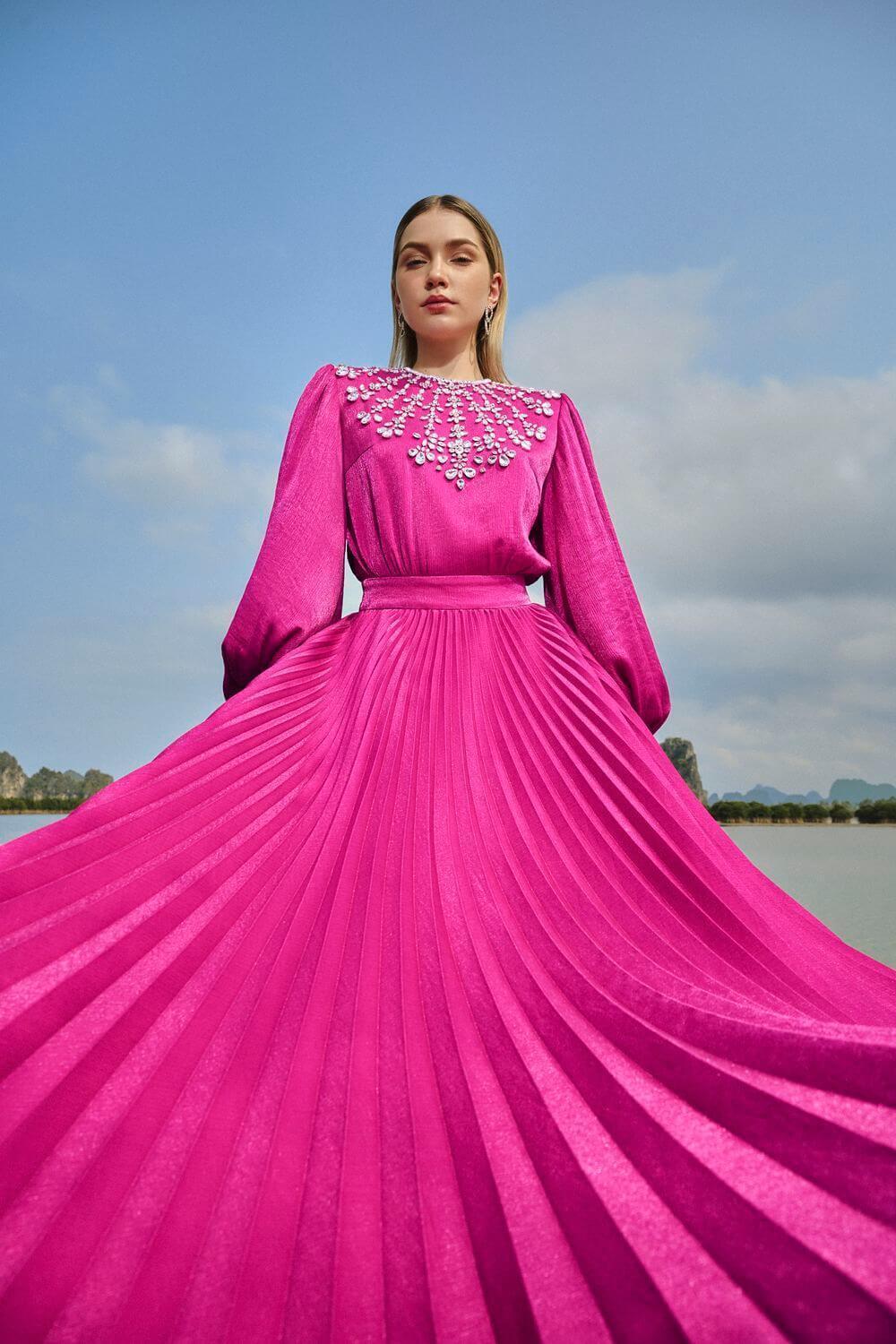 Women's Scarlet Pleated Bishop Sleeved Silk Maxi Dress XS/S/M/L/XL/XXL//Pink/MEAN Blvd M / Pink