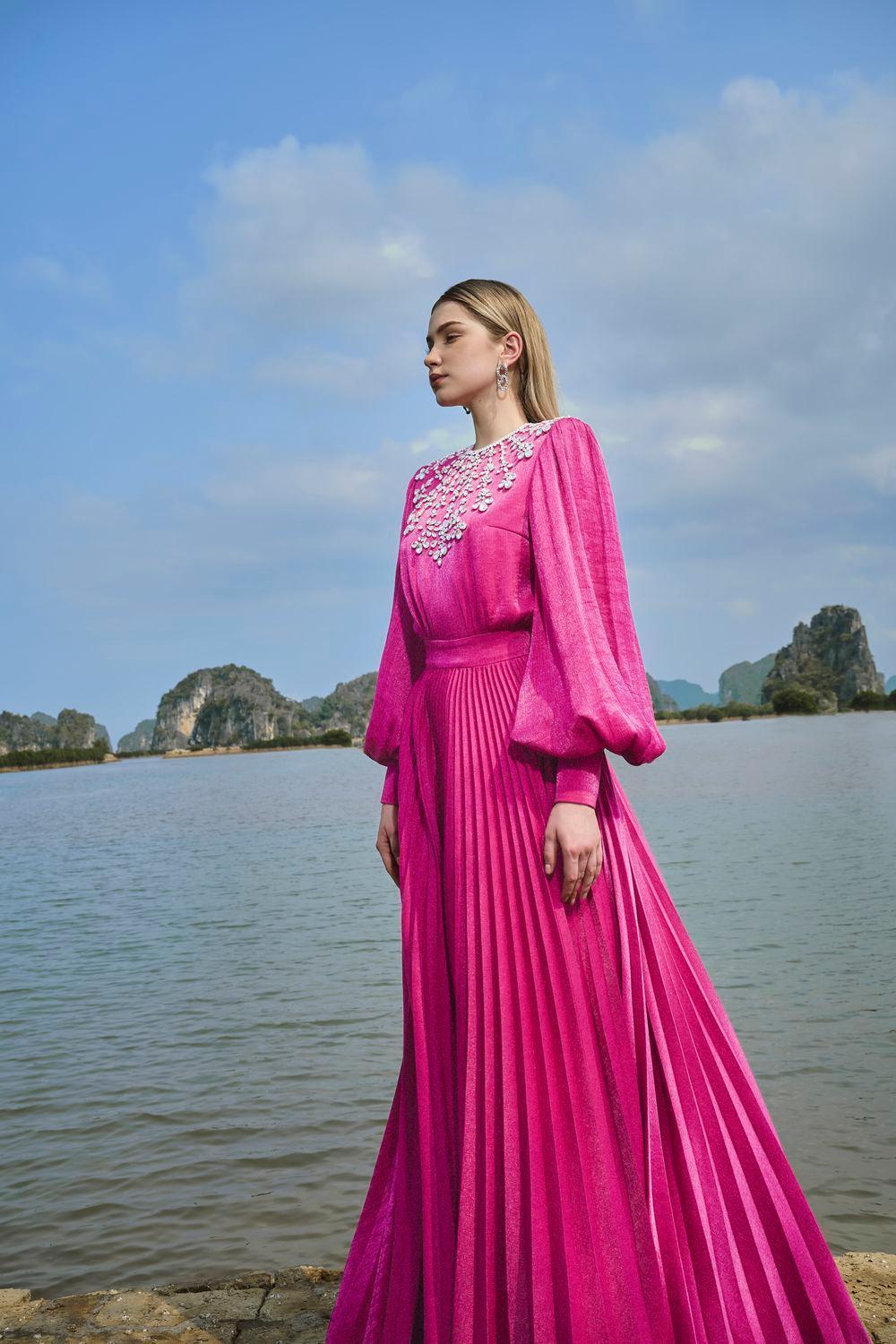 Scarlet Pleated Bishop Sleeved Silk Maxi Dress - MEAN BLVD