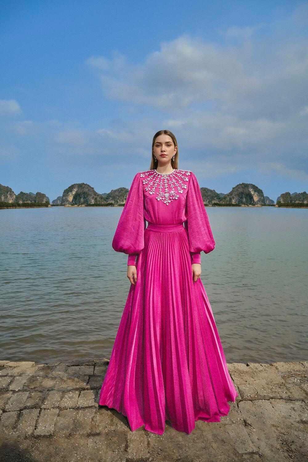 Scarlet Pleated Bishop Sleeved Silk Maxi Dress - MEAN BLVD