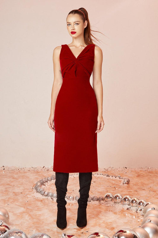 Scarlet Sheath V-Neck Velvet Midi Dress - MEAN BLVD