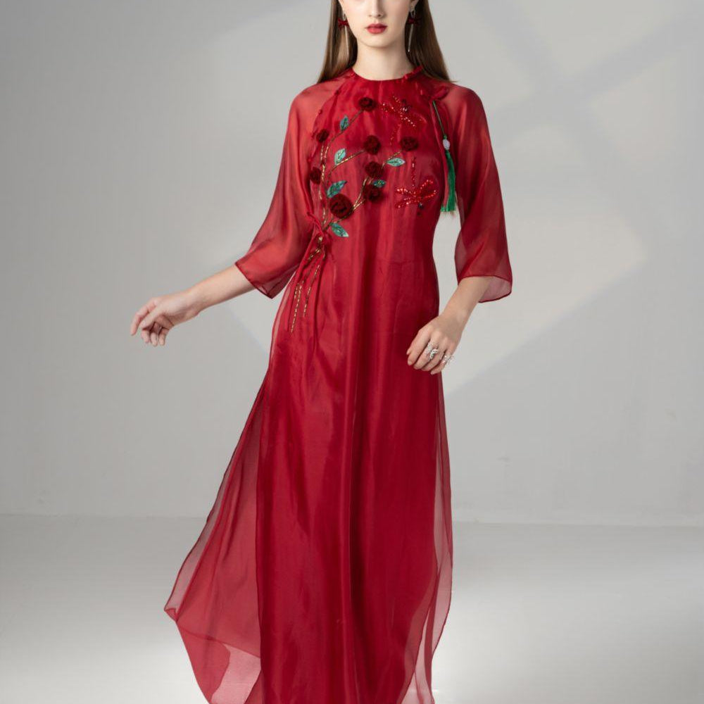 Scarlet Straight Round Neck Silk Organza Floor Length Ao Dai - MEAN BLVD