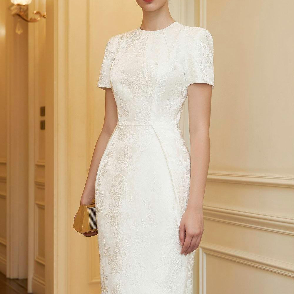 Scarlett Sheath Short Sleeved Brocade Midi Dress - MEAN BLVD