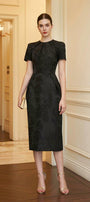 Scarlett Sheath Short Sleeved Brocade Midi Dress - MEAN BLVD