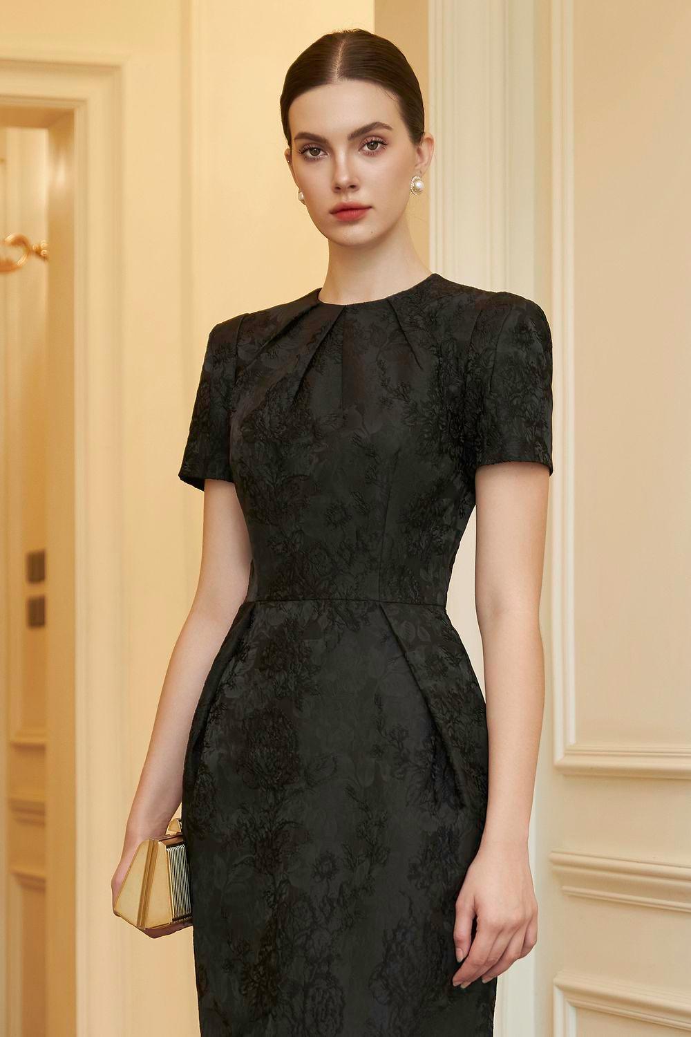 black midi sheath dress Women's Scarlett Sheath Short Sleeved Brocade Midi Dress S/M/L/XL White/Black/Pink Fuchsia Brocade MEAN BLVD L / Pink Fuchsia / Brocade