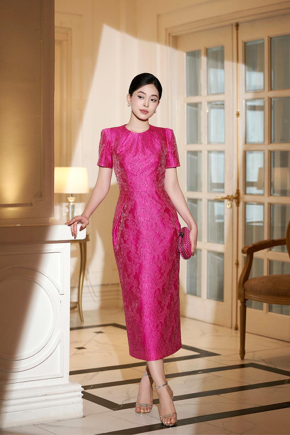 Scarlett Sheath Short Sleeved Brocade Midi Dress - MEAN BLVD