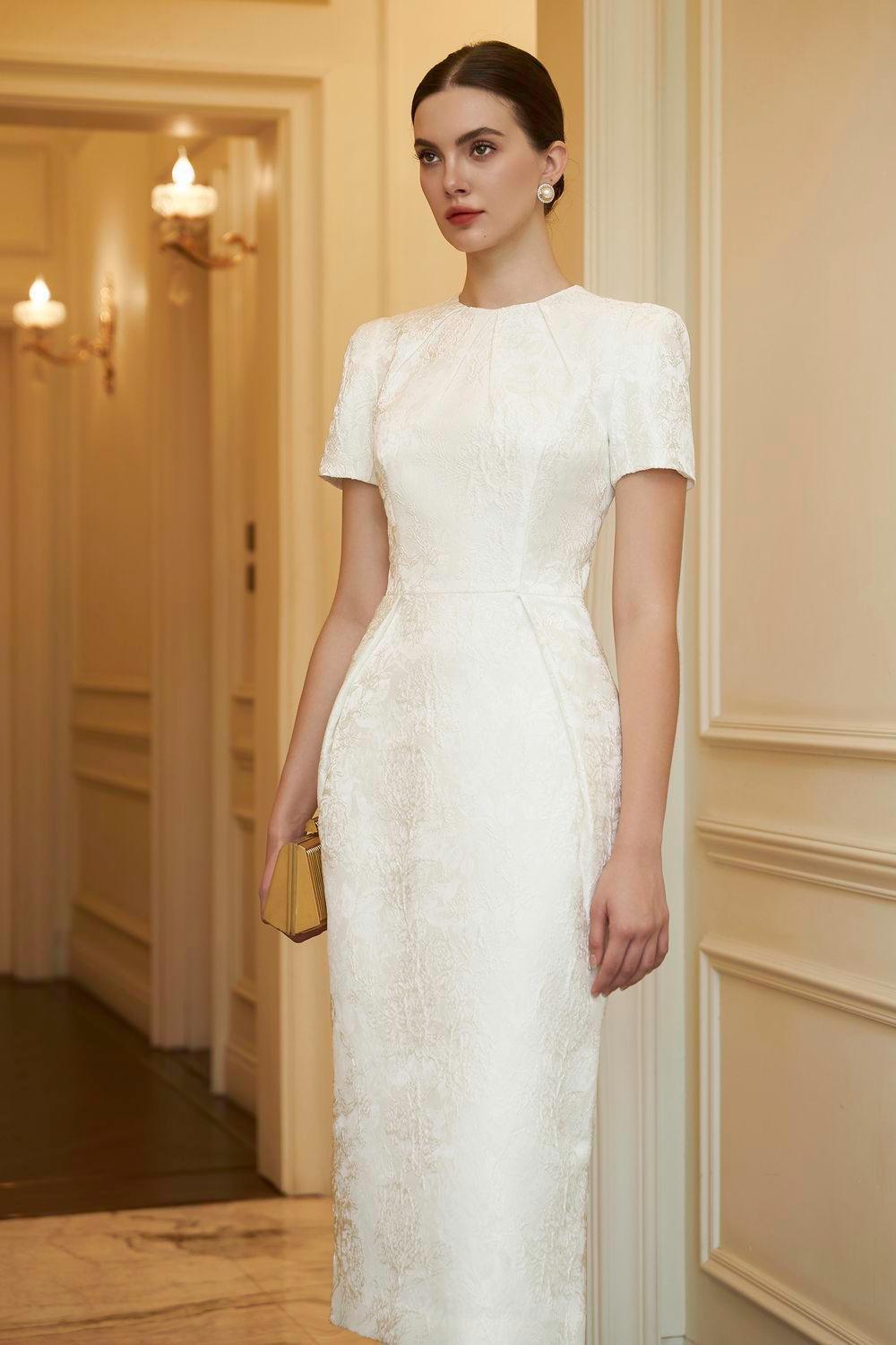 Scarlett Sheath Short Sleeved Brocade Midi Dress - MEAN BLVD