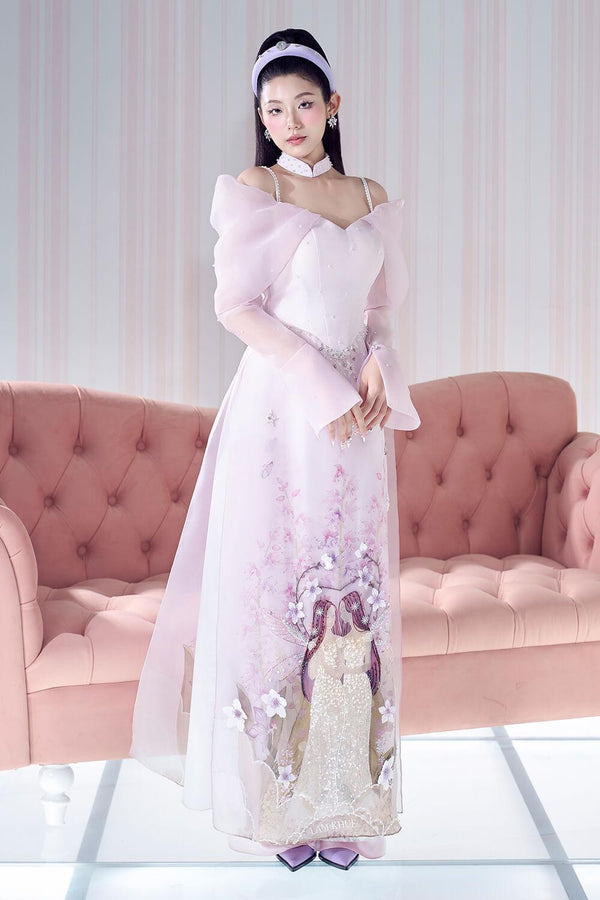 Scattered Petals A-line Poet Sleeved Organza Floor Length Ao Dai - MEAN BLVD