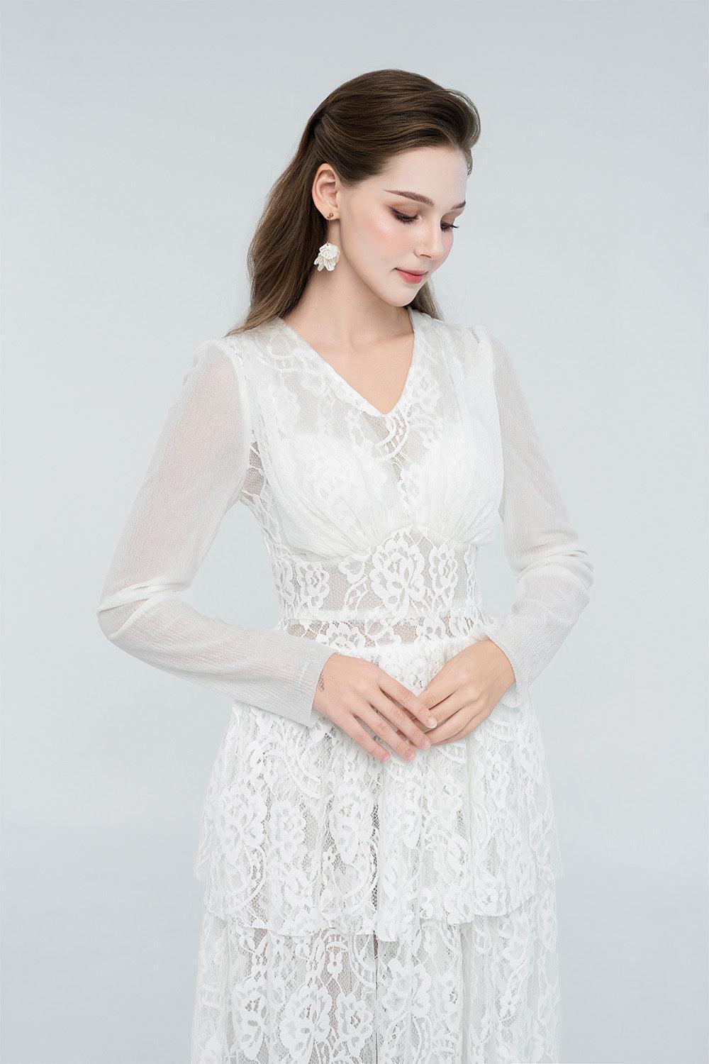 Women's Selene Peplum V-Neck Lace Maxi Dress S/M/L/Customize White MEAN BLVD White / M Women's Selene Peplum V-Neck Lace Maxi Dress S/M/L/Customize White MEAN BLVD White / M