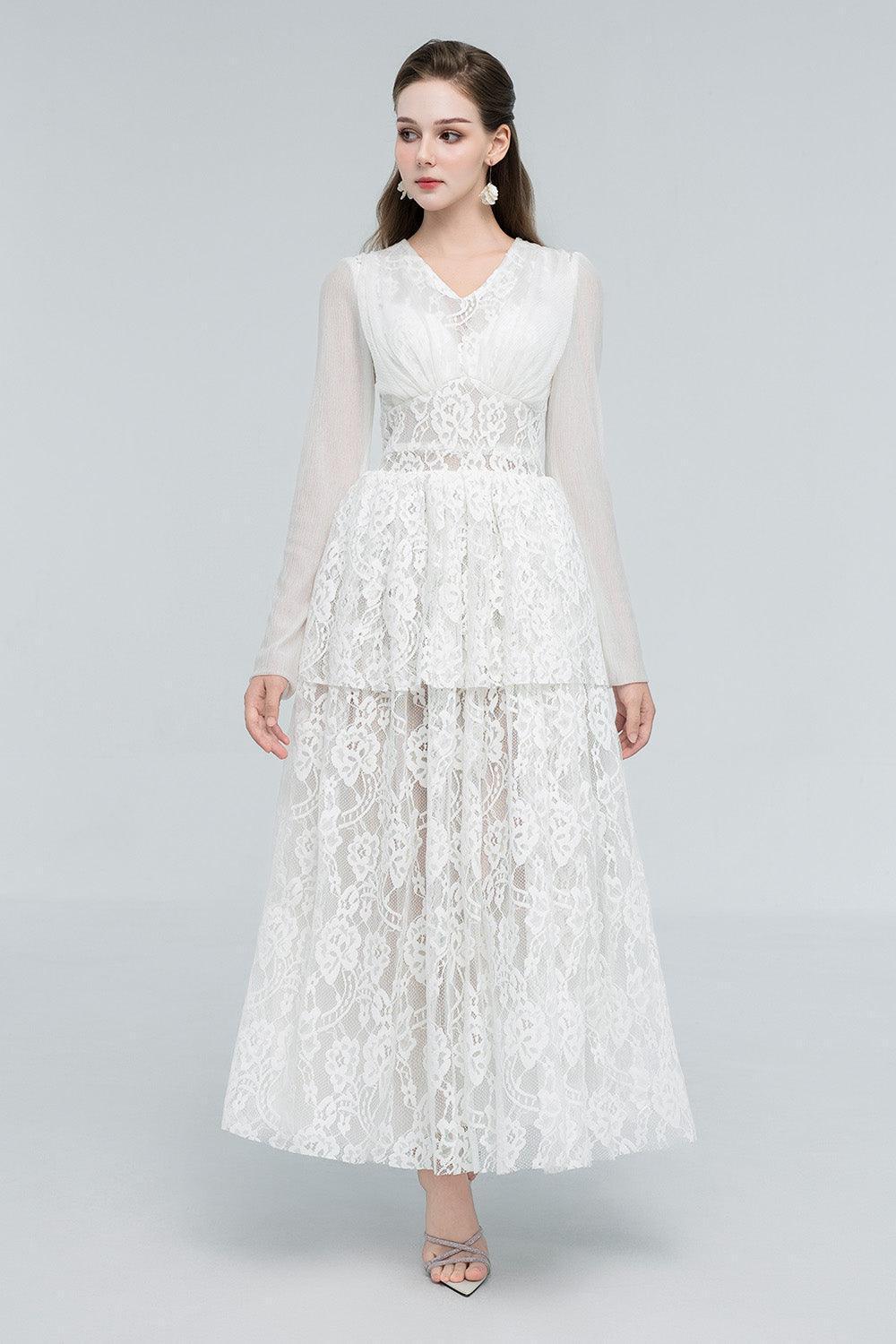 Women's Selene Peplum V-Neck Lace Maxi Dress S/M/L/Customize White Mean Blvd White / M
