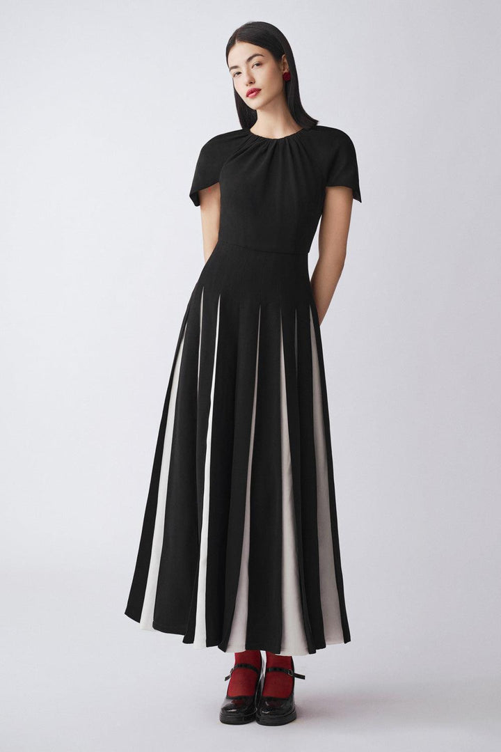 Selina Gored Round Neck Poly Silk Midi Dress - MEAN BLVD