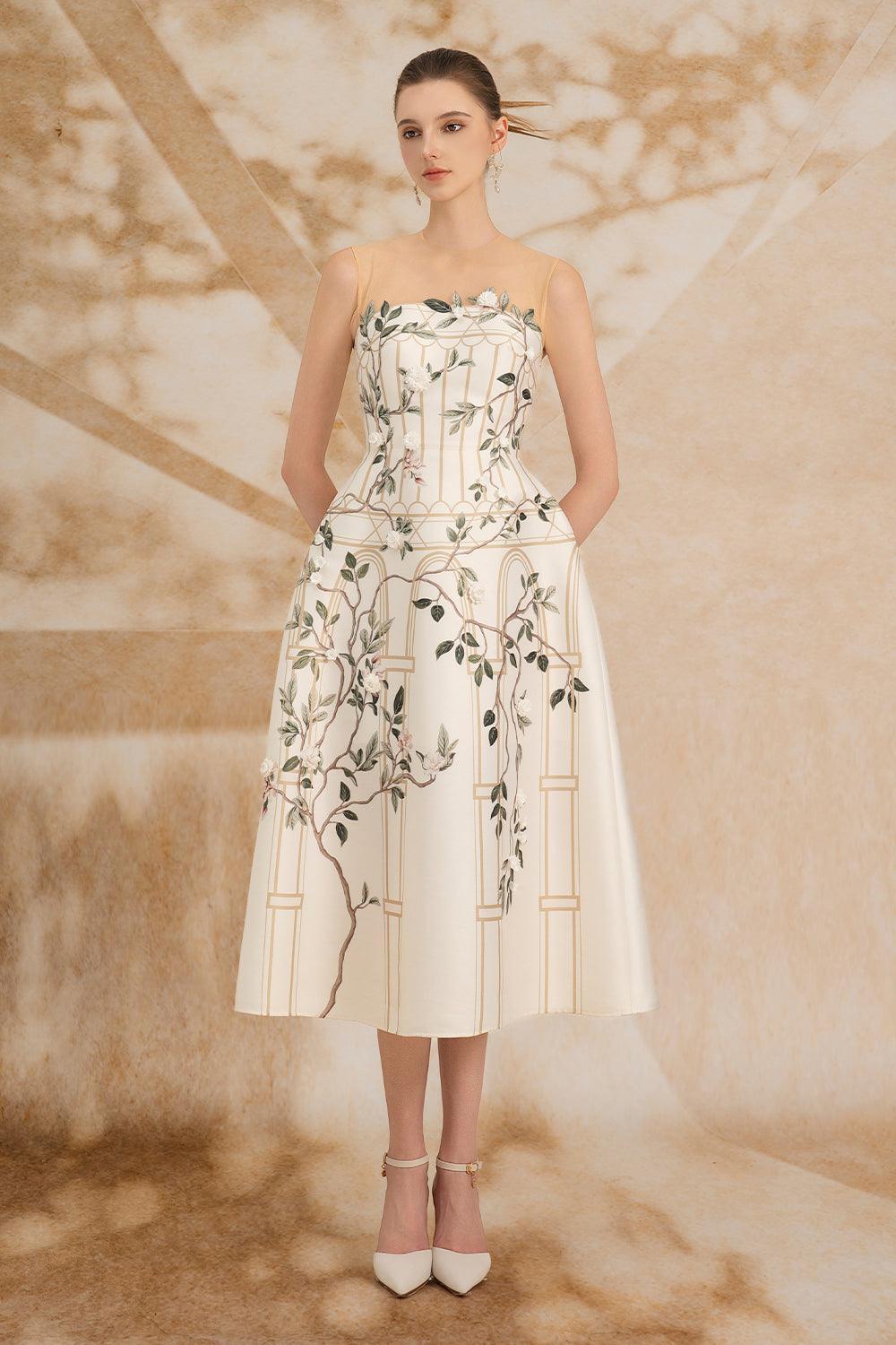 Seraphina A-line Illusion Neck Taffeta Silk Midi Dress Customize / Ivory / Floral
