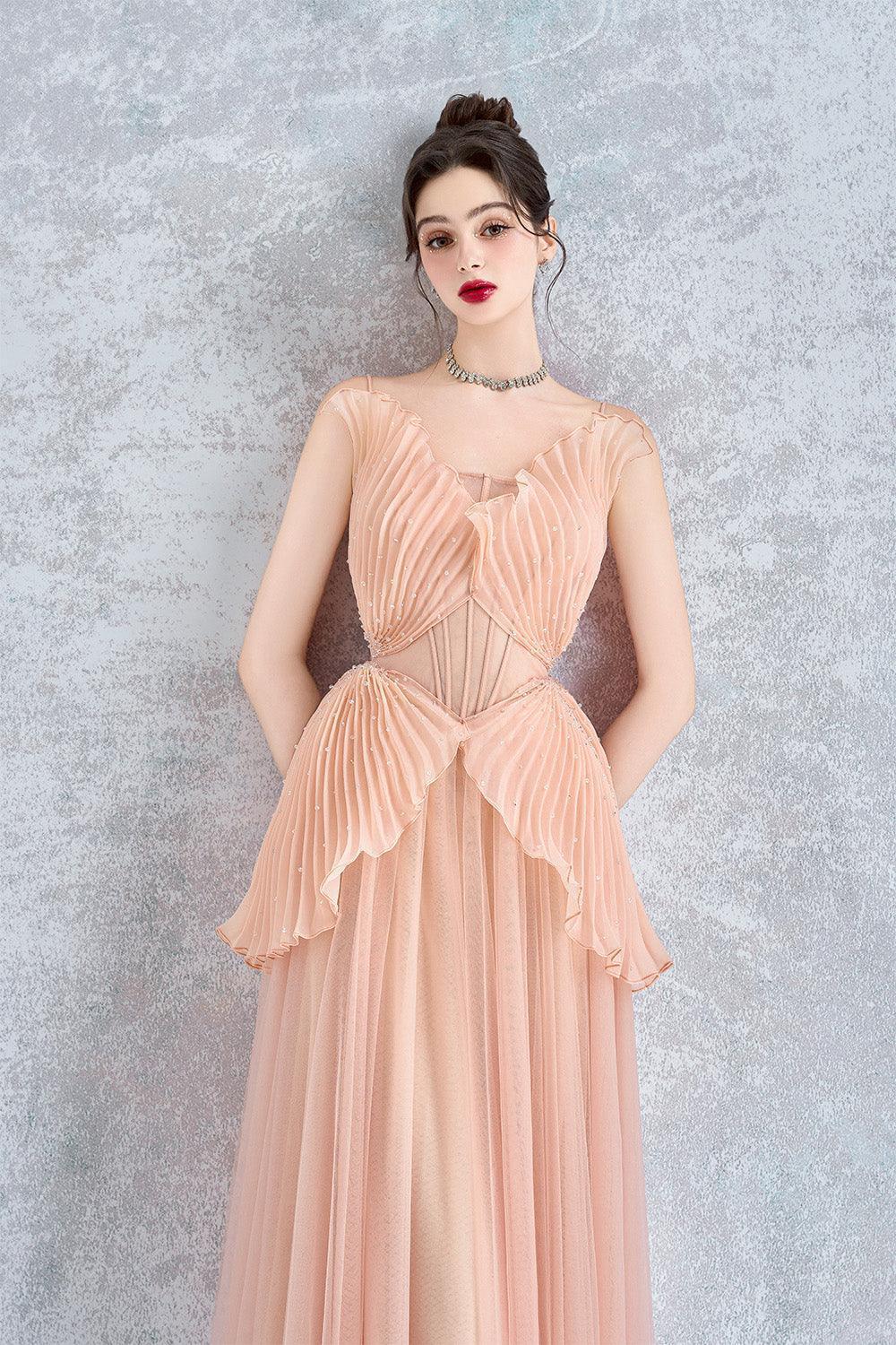 Women's Seraphina A-Line Pleated Organza Voile Midi Dress S/M/L/Customize Peach Mean Blvd Peach / L
