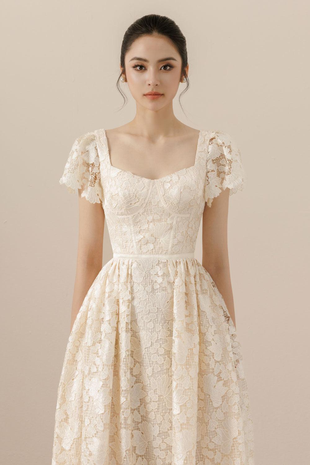 Serena A-line Short Sleeved Lace Midi Dress - MEAN BLVD