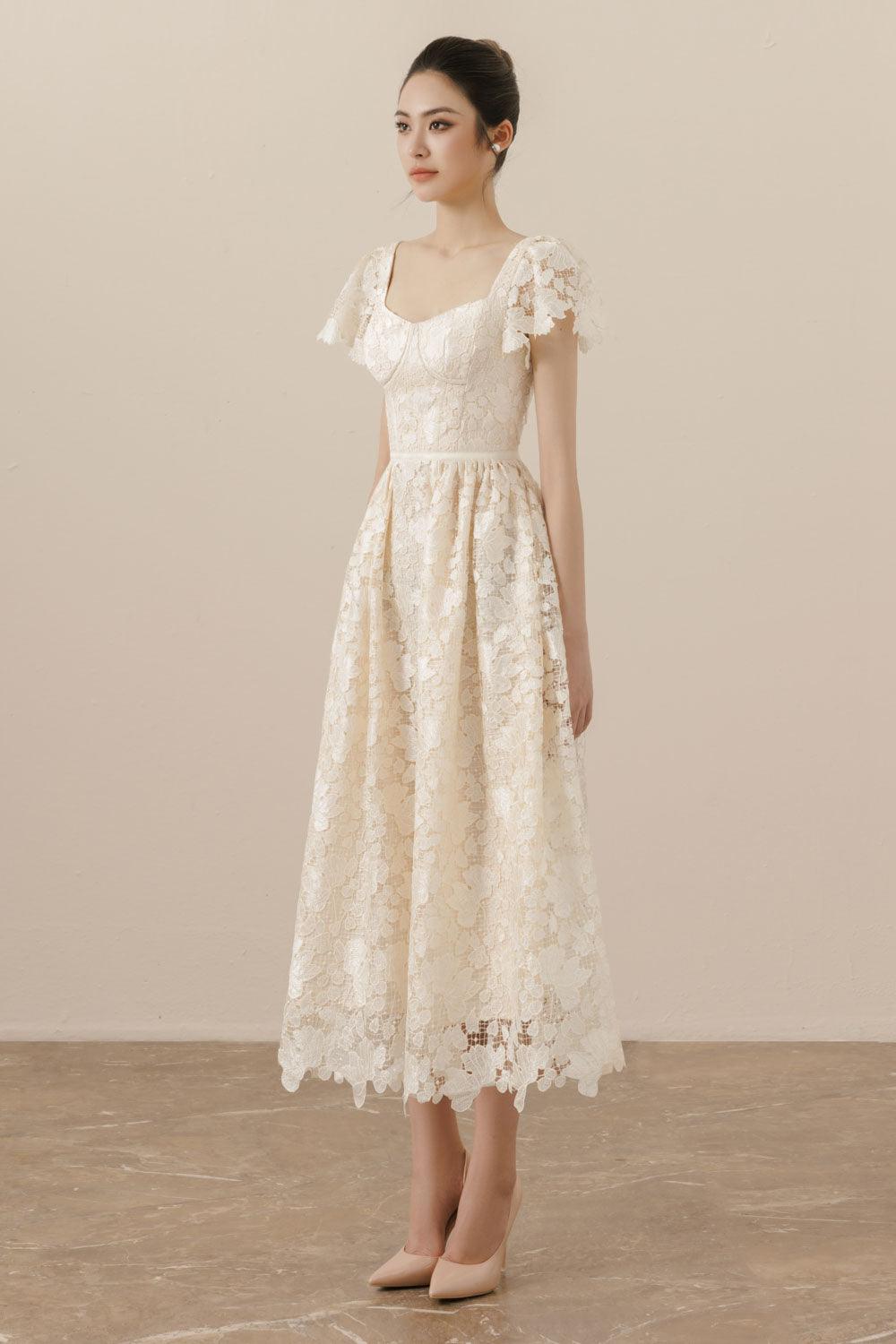 Serena A-line Short Sleeved Lace Midi Dress - MEAN BLVD