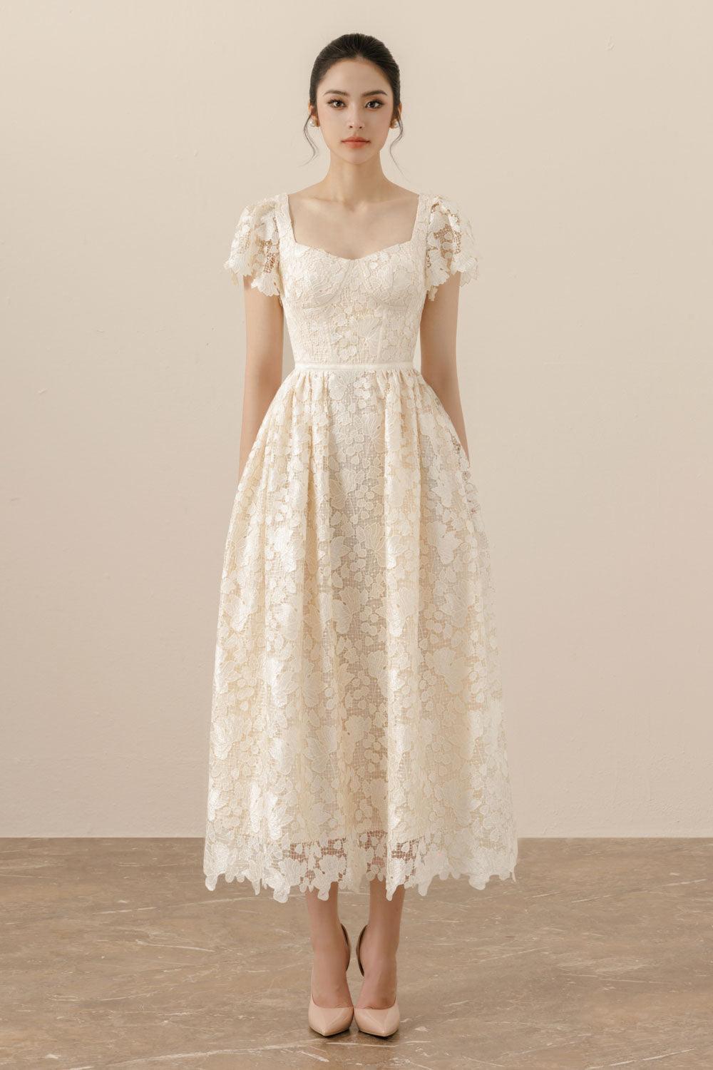 Serena A-line Short Sleeved Lace Midi Dress - MEAN BLVD