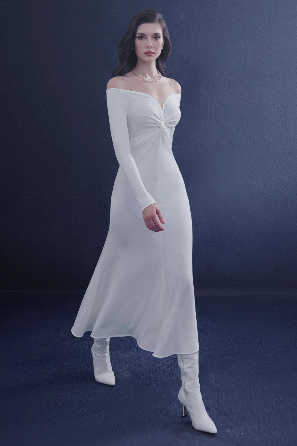 Serenara Trumpet Off-Shoulder Wool Midi Dress - MEAN BLVD